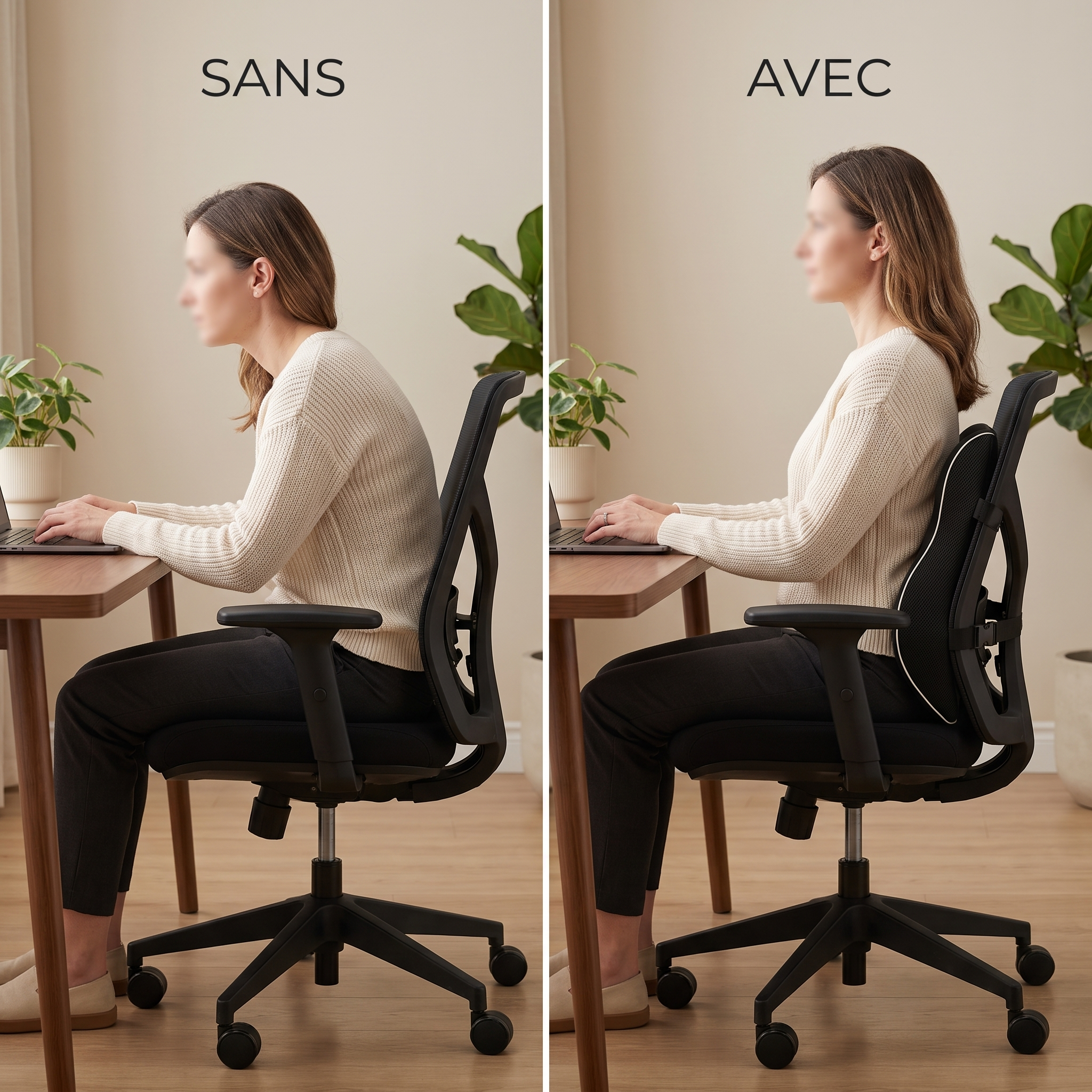 Avant après : posture assise affaissée sans soutien lombaire vs posture droite avec le coussin lombaire ErgoNuit