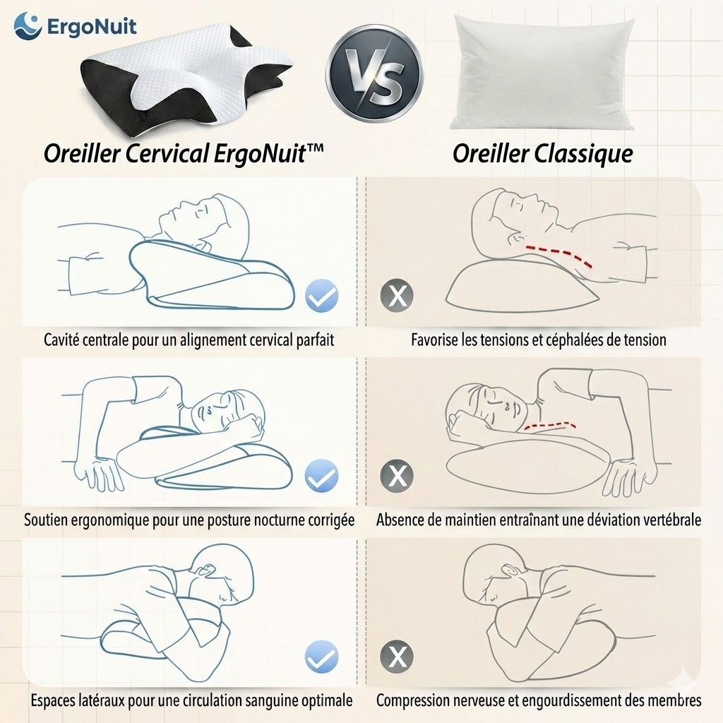 Oreiller ergonomique cervical ErgoNuit - soulage tensions et améliore qualité du sommeil