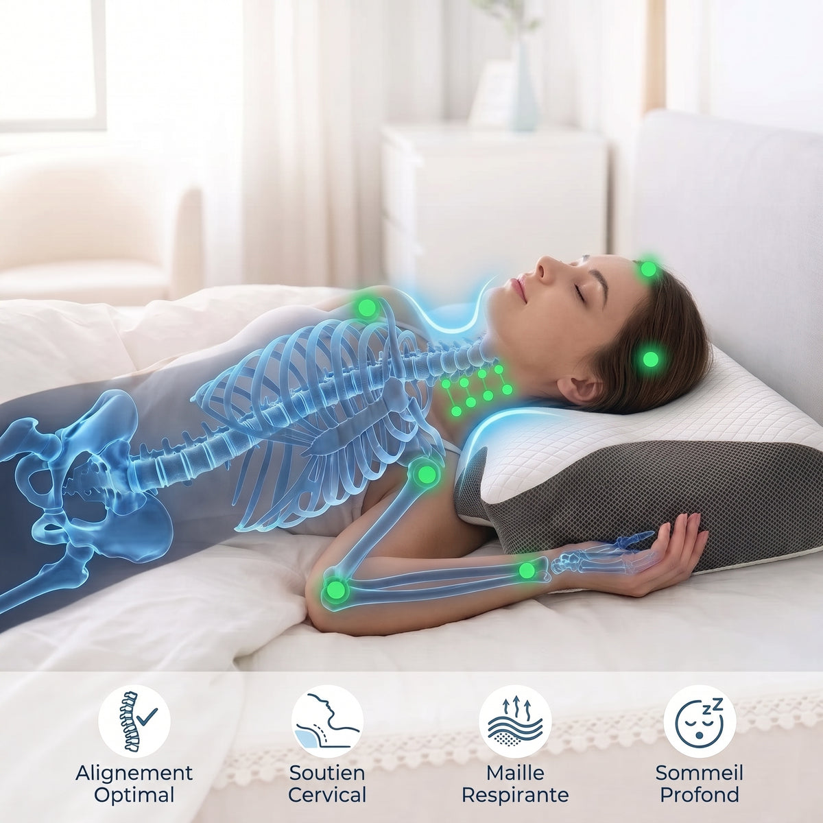 Oreiller orthopédique cervical pour dormir sur le dos et sur le côté sans douleur