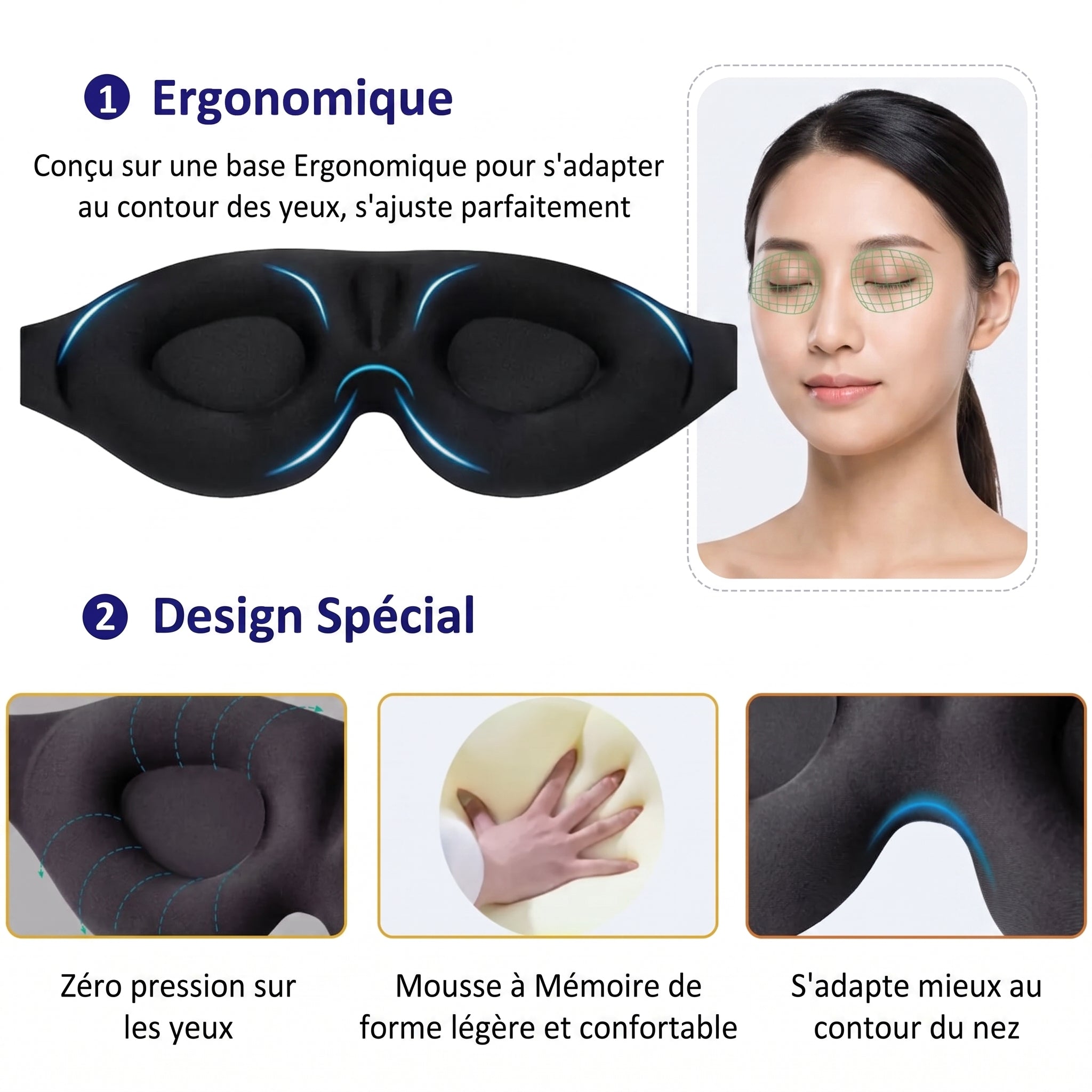 Masque de nuit ErgoNuit sur une table de chevet, ambiance chambre