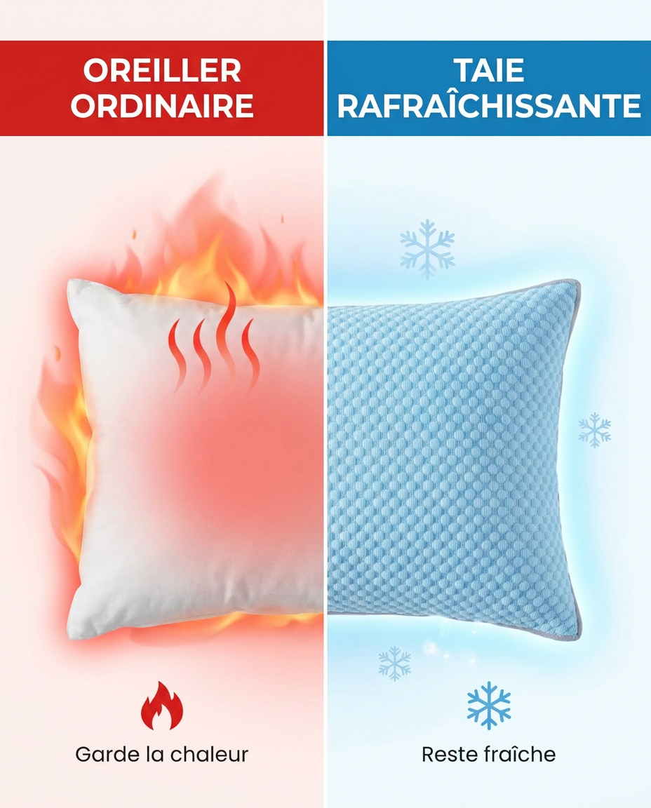 Comparatif oreiller classique chaud vs Taie Rafraîchissante ErgoNuit